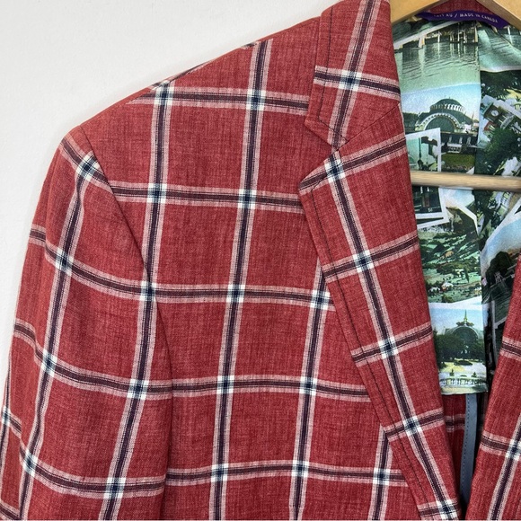 Ted Baker Endurance Linen Windowpane Check Plaid Linen Blazer Red Size 40R - Picture 5 of 13
